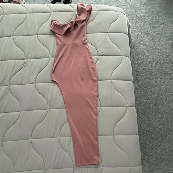Floor Length Baby Pink One Shoulder Dress with Thigh High Slit - Picture 3 of 4